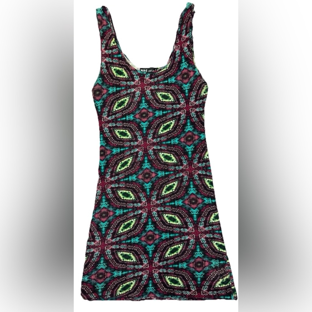 Wet Seal Teal & Green Y2K Geometric Psychedelic Bodycon Sleeveless Tank Dress